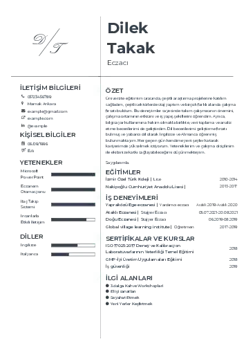 Eczacı CV Örnekleri cv indir